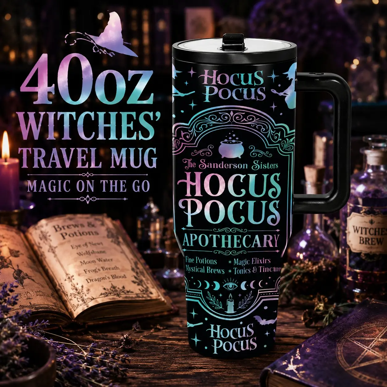 1PC 40oz Witch Apothecary Insulated Tumbler, Double Wall Leak-Proof Portable Cup, Keeps Hot for 12 Hours, Keeps Cold for 24 Hours, Durable for Office, Travel & Daily Use, Ideal Gift for Witchy Style Fans, Friends, Holidays