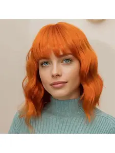 Short Orange Wig with Bangs,Curly Bob Wigs for Women Synthetic Hair Wig Synthetic Wigs for Daily Use Costume Cosplay Halloween