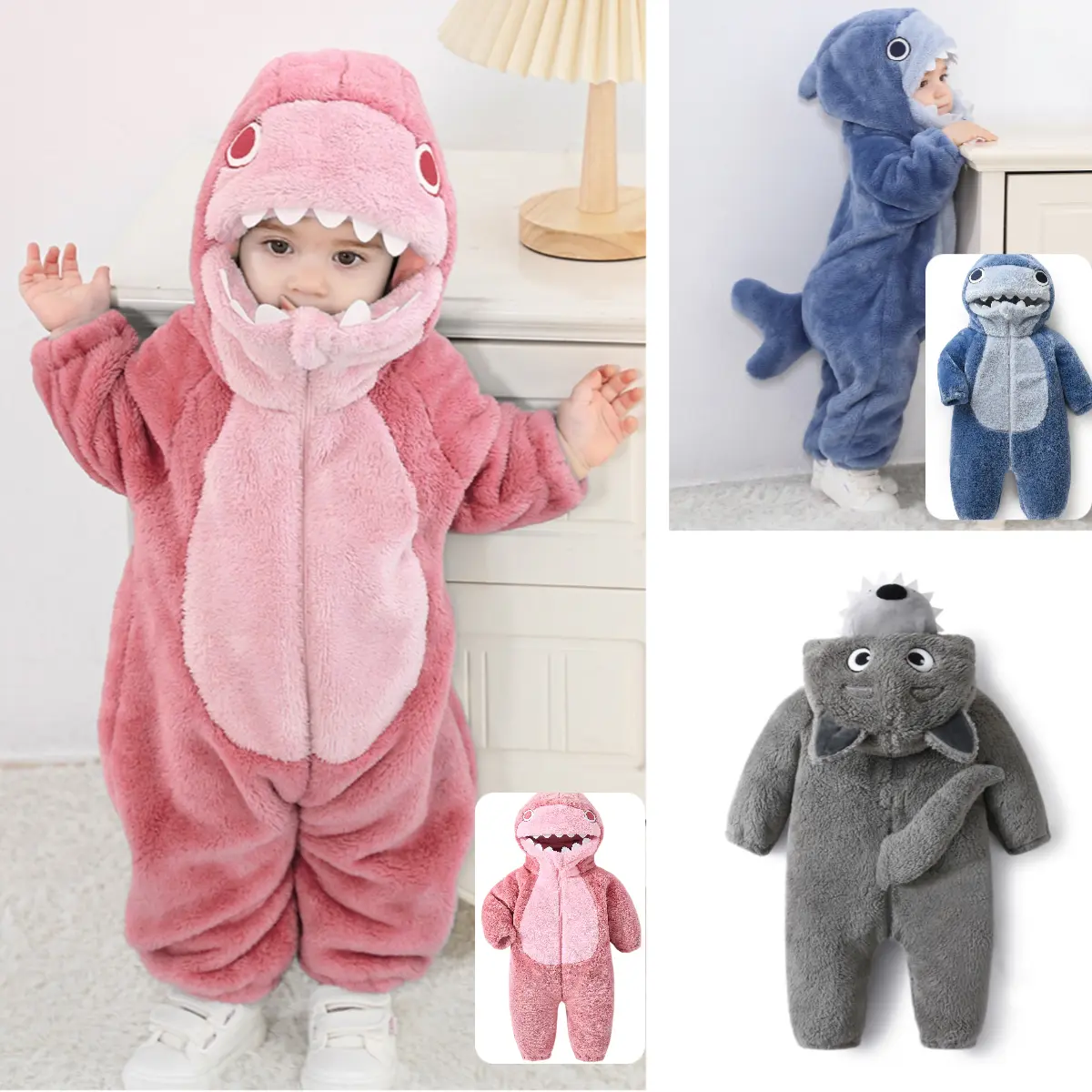 Baby Shark Costume Winter Warm Long Sleeve Hooded Romper Cute Halloween Plush Jumpsuit