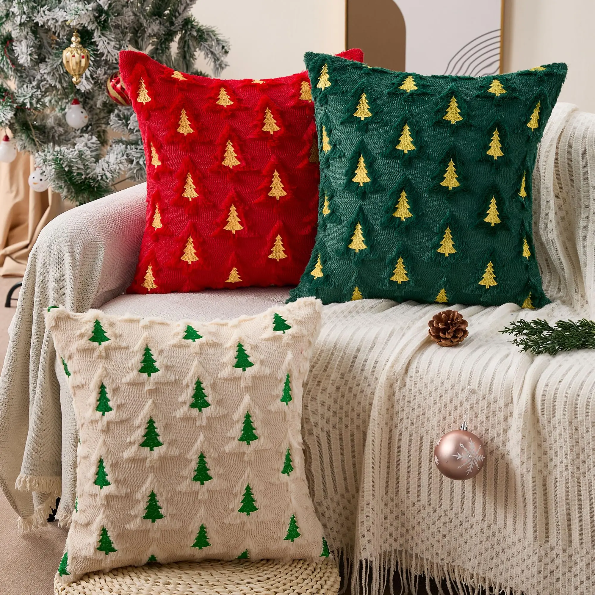 Christmas Pillow Covers 18x18 Green Double Tree Design Set of 2 Soft Faux Fur Cushion Cases for Holiday Decor
