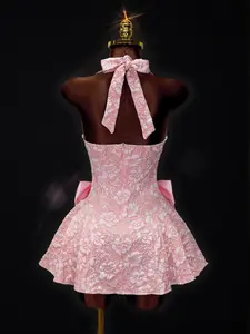 Summer New Sakura Embossed Floral Halter Dress, Side Large Bowknot Decoration, A-Line Short Skirt, Wedding Bridesmaid/valentine's Day Date Princess Dress