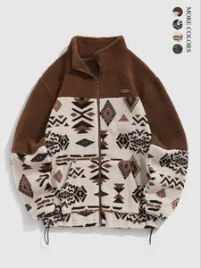 Men's Ethnic Pattern Zipper Plush Sweatshirt, Casual Long Sleeve Drawstring Sweatshirt for Fall & Winter, Men's Clothes for Daily Wear
