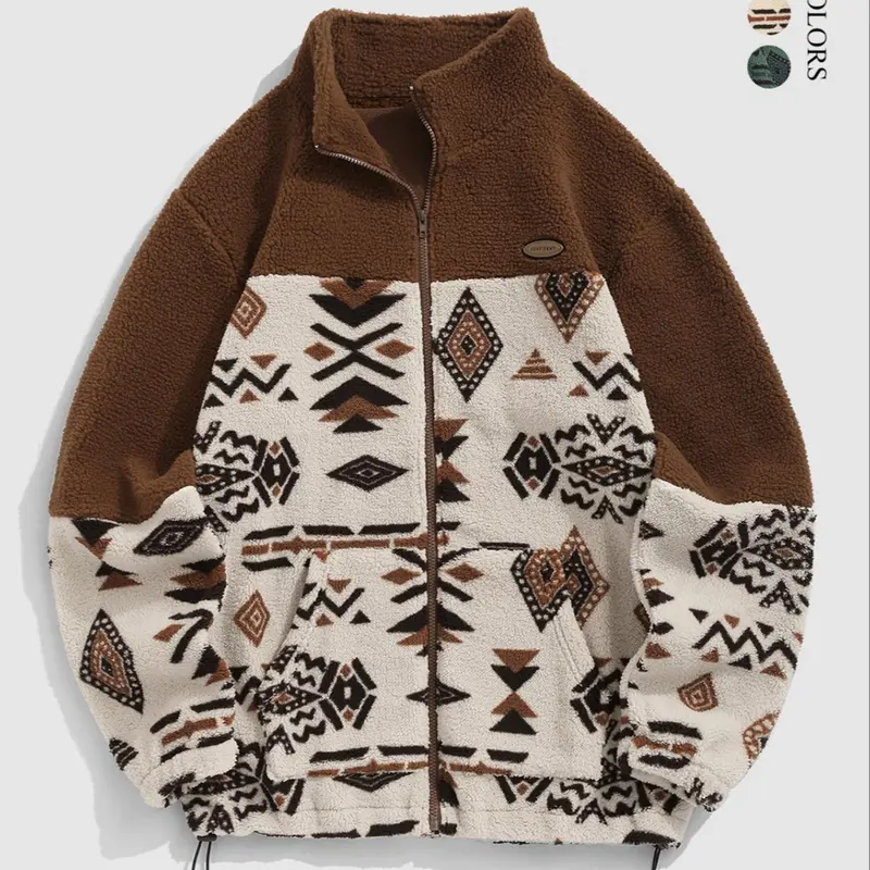 Men's Ethnic Pattern Cultural Zipper Plush Sweatshirt, Casual Long Sleeve Drawstring Sweatshirt for Fall & Winter, Men's Clothes for Daily Wear, Tops, Menswear, Casual Outerwears, Loose Casual Outerwear