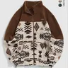 Men's Ethnic Pattern Cultural Zipper Plush Sweatshirt, Casual Long Sleeve Drawstring Sweatshirt for Fall & Winter, Warm Casual Outerwear, Men's Clothes for Daily Wear, Tops, Menswear, Casual Outerwears