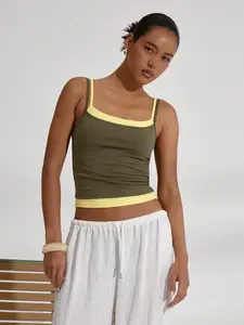 American Vintage Two-Piece Colorblock Tank Top, Olive & Milk, Dual-Layer Thin Straps, Short Waist Cut, Skin-Friendly Elastic Fabric