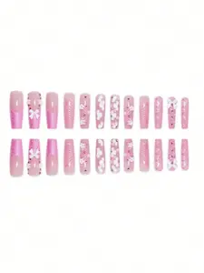 Acrylic Tanghulu Nails Set of 24 Pieces with Square Shaped Design, Simple Nude Gold Stripe & Rhinestone & Butterfly, Suitable for All Girls