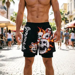Men's Streetwear Graphic Shorts with Skull and Flame Print, Trendy Basketball Shorts with Pockets, Loose Fit Casual Summer Shorts for Skateboarding, Beach, or Urban Outfit