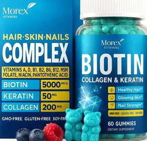 Biotin Gummies with Collagen & Keratin - Hair Growth Support, Skin and Nail Strength Vitamins for Women & Men - Vitamin B7 + B-Complex, MSM, Bamboo Extract - Beauty Chew Supplement - 60 Gummy Bears