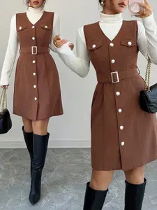 Elegant Vintage Casual Wear, Holiday Corduroy V-Neck Dress, Sleeveless Textured Mini Dress with Metal Buttons, Women's Fashion, Womenswear