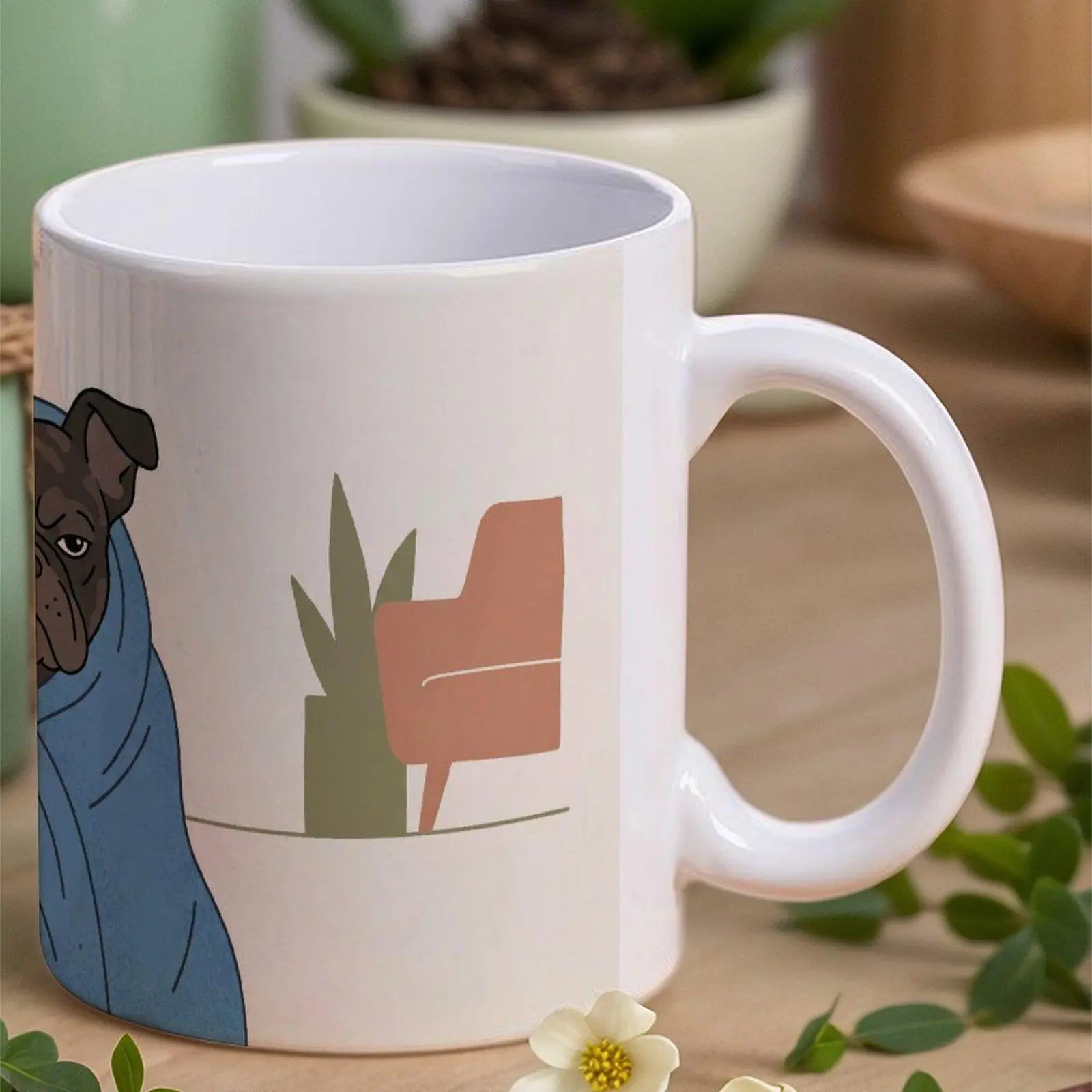 11oz Reusable Washable Ceramic Coffee Cup - Single Handle, French Bulldog in Blue Blanket Minimalist Art, Durable Modern Drinkware, Party Gift for Dog Lovers, Festive Home Supplies, Round Non-Disposable Alternative