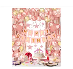 Rose Gold Happy Birthday Party Decorations, Happy Birthday Banner, Rose Gold Foil Heart Star Confetti Balloons Curtain Backdrop Hanging Swirls Party Decor for Girls Women Princess