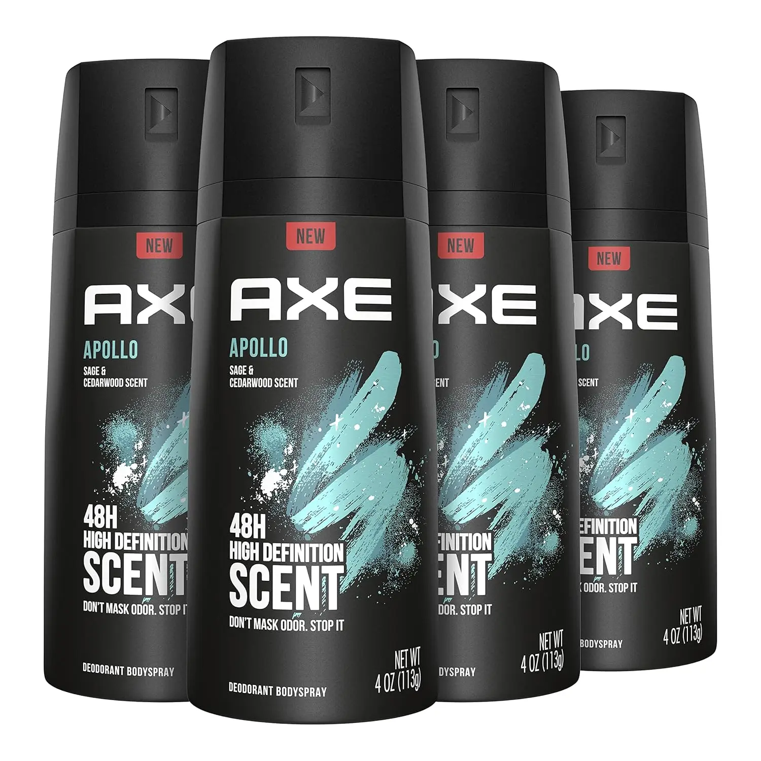 AXE Apollo Aluminum-Free Body Spray Deodorant for Men - 4oz 4 Count, Body Care with Sage & Cedarwood Scent, Daily Fragrance & Long Lasting Deodorants for Odor Protection