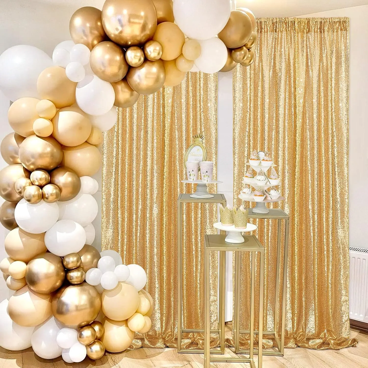 Glitter Gold Sequin Backdrop Panels - 2-Panel 2x8FT Engagement Decor Curtains, Home Supplies for Party Wedding Photography Backgrounds, Sequins Backdrop Panels
