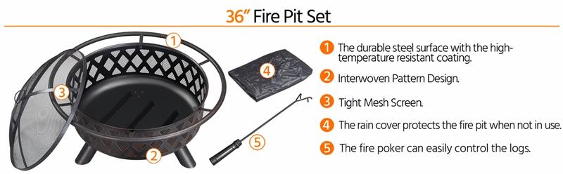 Yaheetech Outdoor Iron Fire Pit 36in/30in  Round Metal with Mesh Screen, Rain Cover, Spark Screen & Fire Poker, Oil-Rubbed Bronze Finish