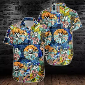 Hawaiian Shirts Skeletons On Vacation Print Short Sleeve Shirt, Oversized Hawaiian Shirt 🍹 Chill Beach Look
