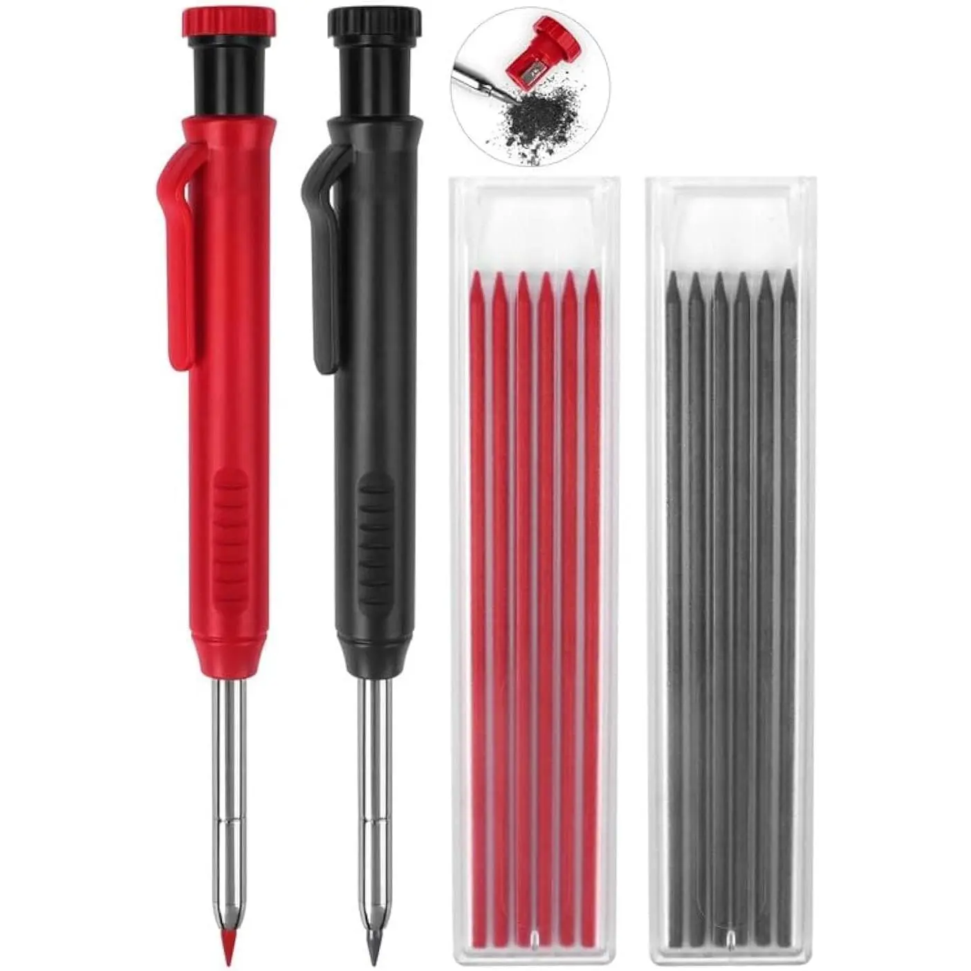 2 Pack Carpenter Pencils Mechanical Pencils with 12 Refills, Construction with Built-in Sharpener, Long Nib Deep Hole Marker, Heavy Duty Woodworking for Architect (2 Colors)