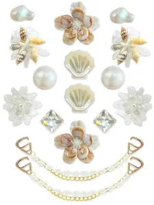16pcs Fresh Rice Shell Resin Shoe Buckles, Seashell Pearl Chain DIY Shoe Accessories, Hole Shoes Decorations, Shoe Charms
