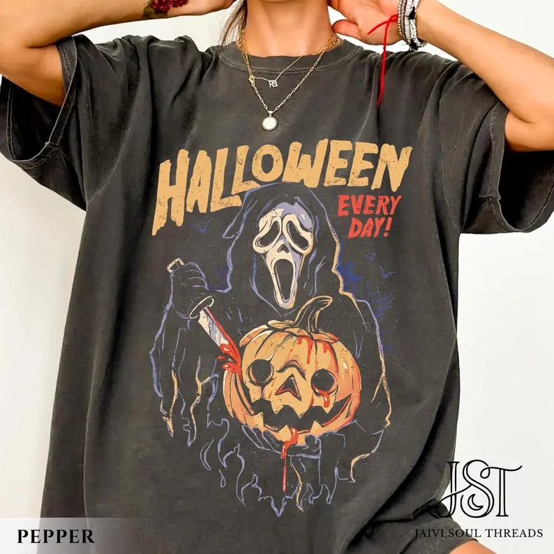 Comfort Colors Vintage Slasher Halloween Shirt, Retro Horror Graphic Tee, Pumpkin Spooky Season T-Shirt, Halloween Everyday Aesthetic, Horror Fan Apparel