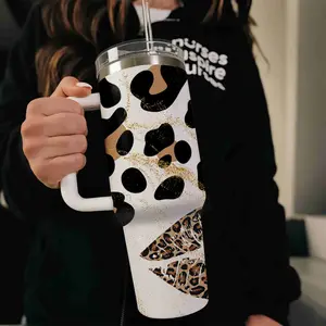 40oz large capacity car water bottles with lid and handle, 304 stainless steel insulated tumbler - Leopard Lip Love, suitable for car, office, travel, Winter Tumbler for Her/His, new year gifts and Valentine gifts