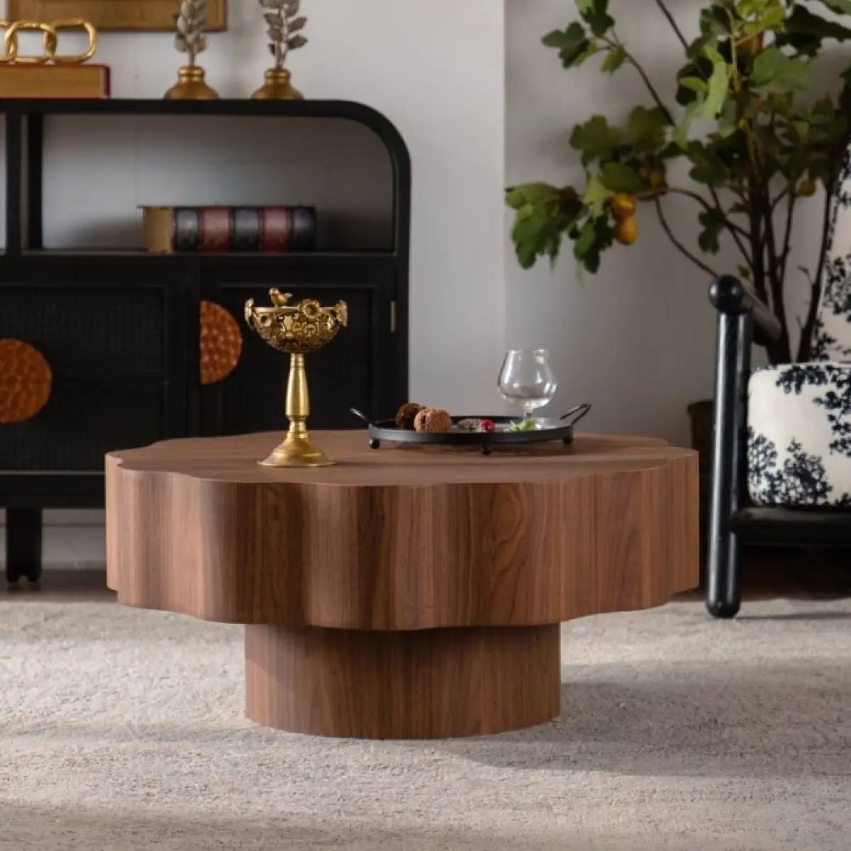 31.5" Scalloped Edge Coffee Table - Walnut MDF Wood Grain Sticker Center Table, Modern Iegular Round Coffee Table for Living Room/Bedroom (Easy Assembly)