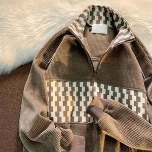 American Stitching Waffle Stand Collar Sweater Men Knit Knitwear