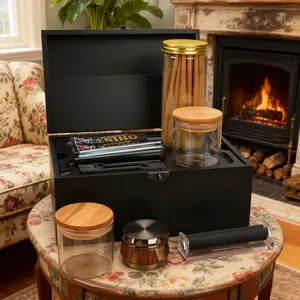 Large Bamboo Storage Box, Odor-Resistant Design, Detachable Dividers, Glass Jar Included, Elegant Essential Organizer Gift