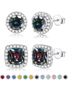 2Pairs Cubic Zirconia Studs Earrings 18K White Gold Plated Hypoallergenic Birthstone Halo Studs Earrings for Women Men Round Square Brillant Cut Earrings Jewelry Gift for Birthday with Box