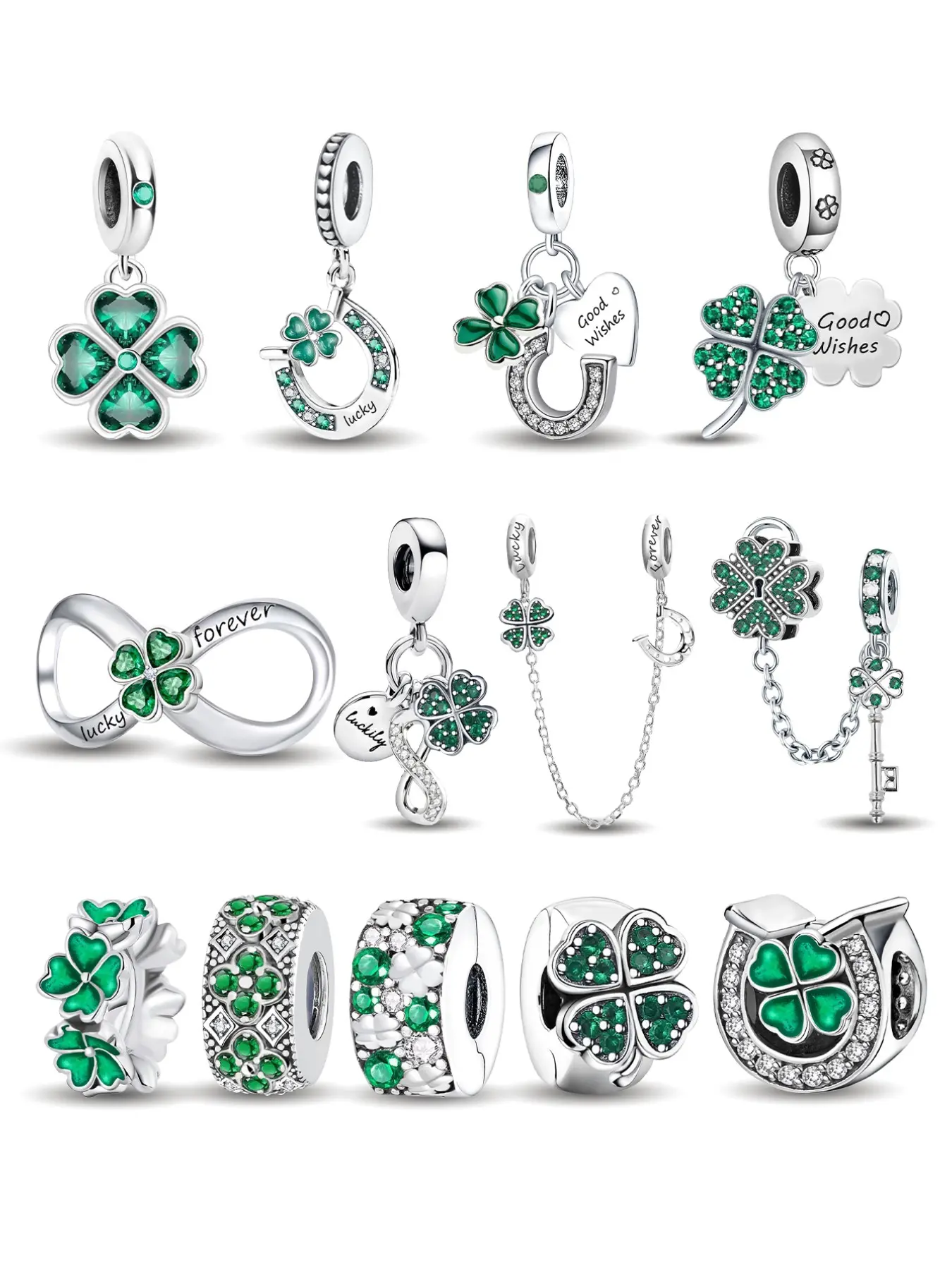 Lucky Themed European Style Spacer and Dangle Charms with Clover and Horseshoe Motifs in Copper for Women’s DIY Jewelry