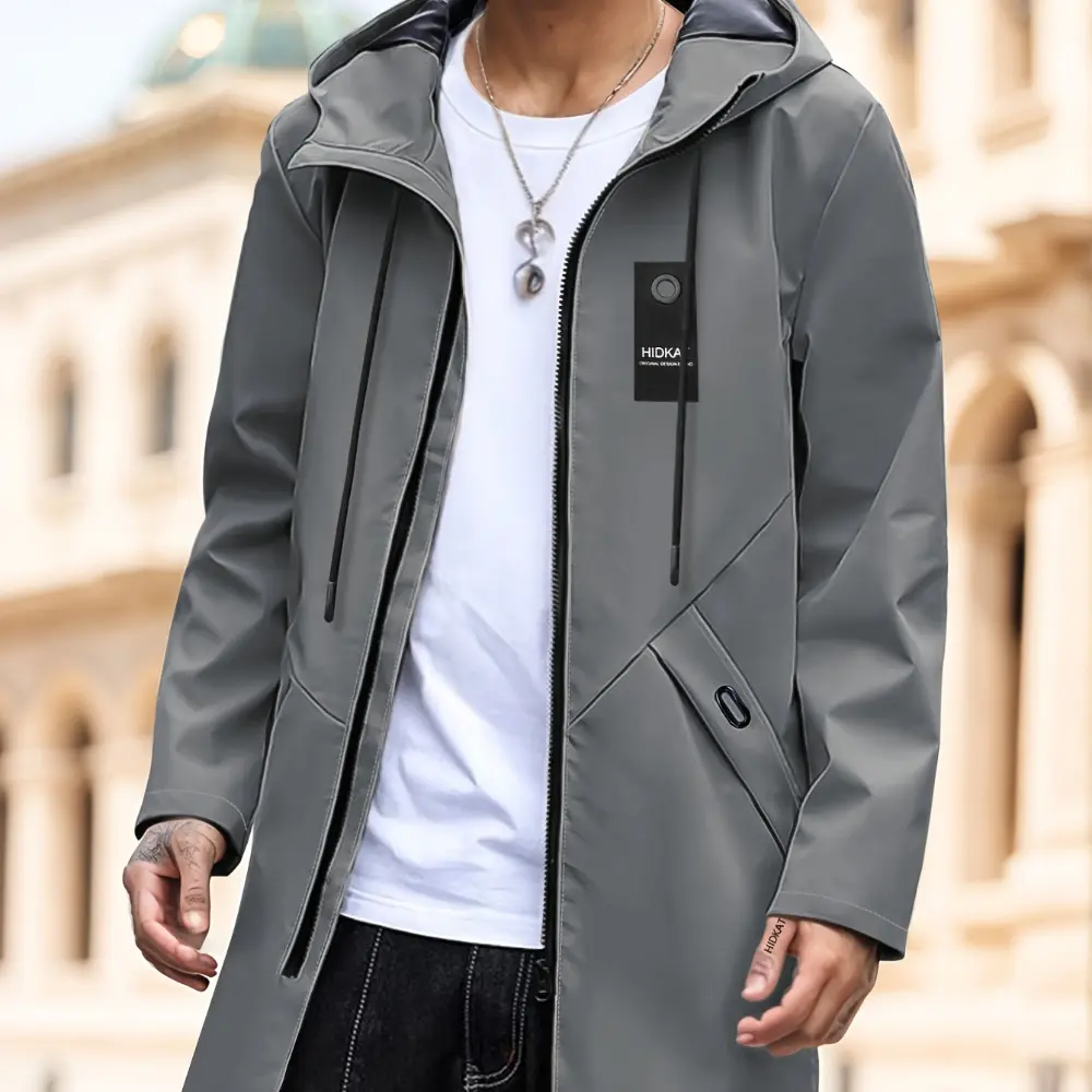 Men's Hooded Soft Shell Jacket - Casual Solid Mid-Length Menswear Outerwear with Zip Closure, Lightweight Coat for Spring & Autumn, Stylish Streetwear Top