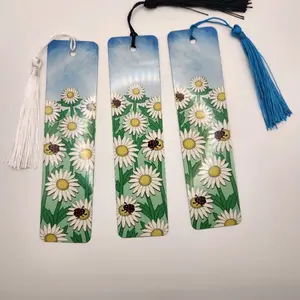 Set of 1 Field of Daisies with Ladybugs on a Blue Cloudy Sky Aluminum Bookmark with Tassel for Book Lovers