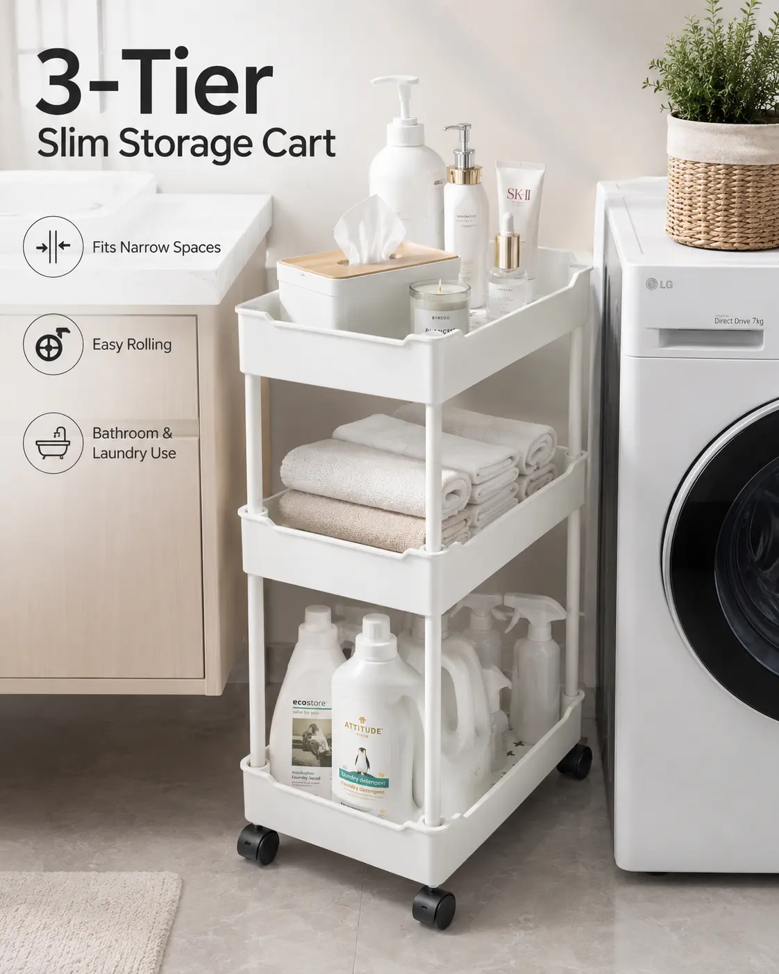 3-Tier Slim Rolling Storage Cart, White/Black ABS Narrow Gap Organizer with Ventilated Shelves for Bathroom, Laundry Room, Kitchen & Small Spaces