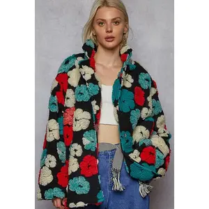 Long Sleeve Textured Sherpa Floral Coat Jacket