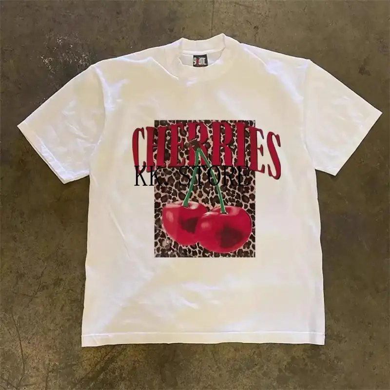 Korean Style Cherry & Leopard Print Graphic T-Shirt | Trendy Unisex Casual Tee | Short Sleeve Top for Men & Women | Fashion Streetwear Shirt | SKU qmtxplzrav