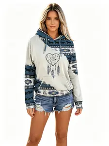 Boho Navajo Aztec Horse Print Hoodie – Heart Dreamcatcher Graphic, Tribal Geometric Pattern Color Block Long Sleeve Hooded Sweatshirt for Women, Drawstring & Pocket, Vintage Western Ethnic Casual Pullover Top