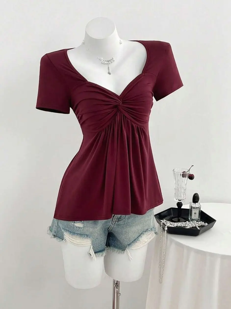 Women's Twist Knot V-Neck Short Sleeve T-Shirt, Casual Versatile Summer Top for Daily Wear, Travel and All Season Fashion Outfit