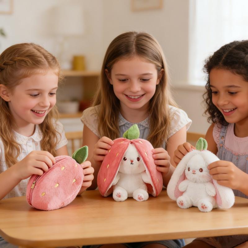 Bunny Stuffed Animal, Strawberry Reversible Cuddle Bunny Plush Doll with Zipper, Cute Soft Rabbit Toys Pillow for Kids and Adults, Easter Bunnies Plushies Gifts