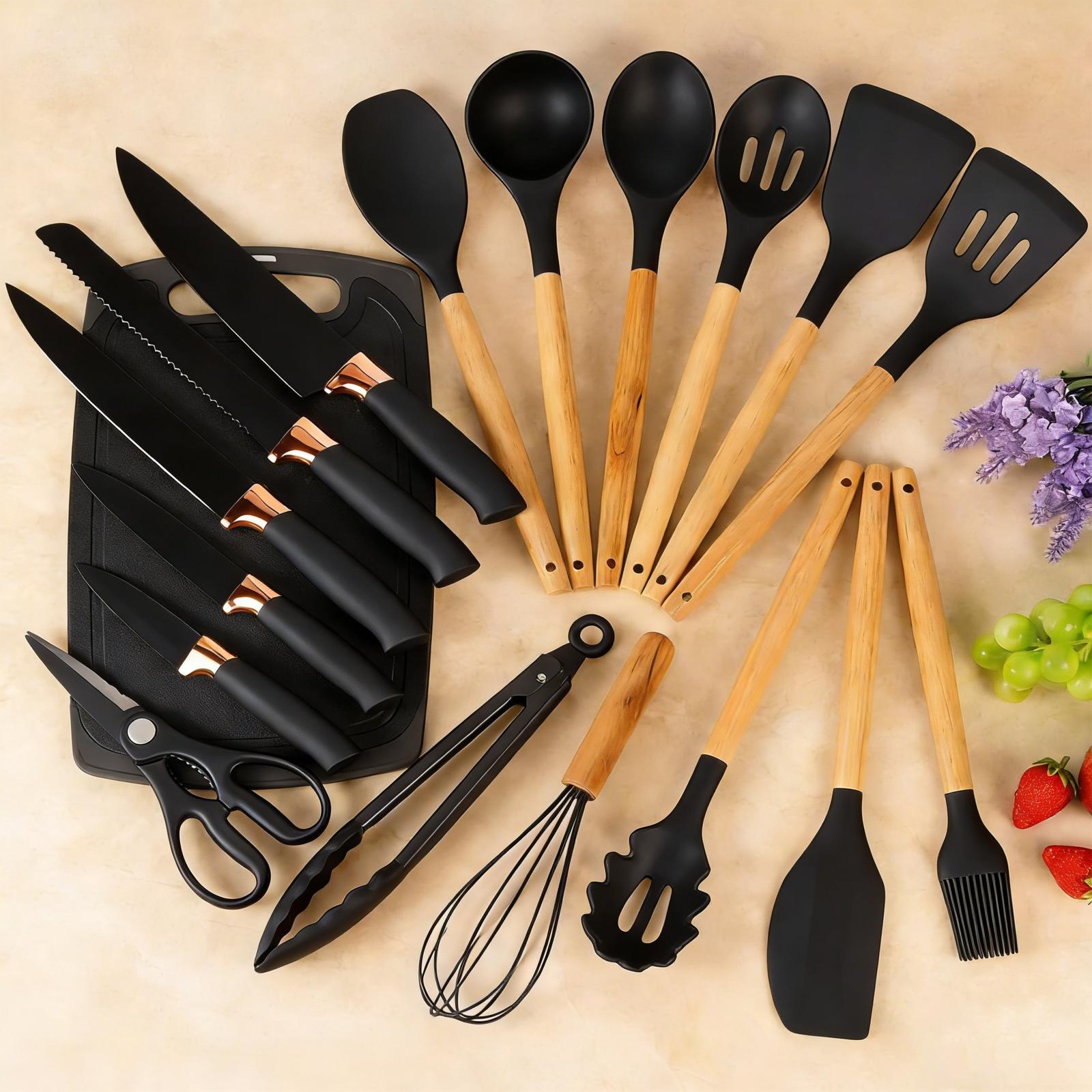 19-piece silicone kitchen utensil set, cooking tools with wooden handles, non-toxic, BPA-free, silicone spoon, rotating clamp, kitchen utensils, nonstick utensils with stand—an excellent choice for mothers, friends, or loved ones, kitchen soup ladle.