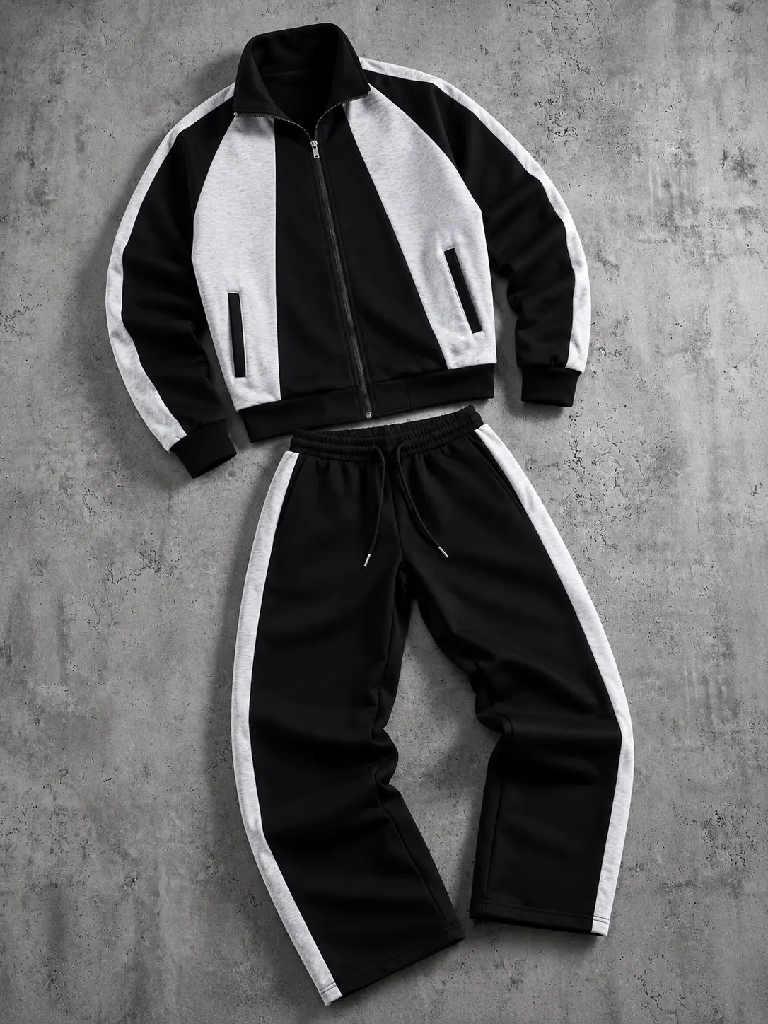 Men’s black-and-gray colorblock stand-collar athletic set featuring a zip stand-collar jacket and drawstring wide-leg pants, crafted from soft fleece fabric with ribbed cuffs, suitable for fitness, everyday gatherings, and streetwear styling.