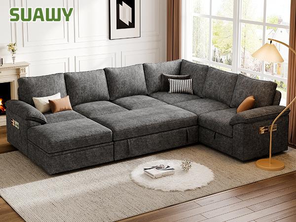 【3-4 Packages】108 Inch Sectional Sleeper Sofa with Pull Out Bed, U Shaped 5/7 Seat Modular Sectional Sofa with Storage, Sectional Couches for Living Room, Cloud Modular Couch, Removable Sofa Cover#daybed
