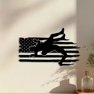 1pc Vintage Wrestling Flag and Wrestler Silhouette Metal Wall Art, Vintage Wrestling Flag and Wrestler Silhouette Statue Mural, Perfect for Garage, Workshop, Patio Wall Decor, Father's Day Decor, Ideal Gift for Wrestling Enthusiasts weird home decor