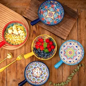 Weaky pieks Soup Bowls with Handles, 23Oz French Onion Soup Bowls Oven Safe,Bohemian Ceramic Soup Crocks for Cereal, Pasta,Beef Stew, Chilli, Microwave Dishwasher Safe-6.2inch,Gift Dishcloths