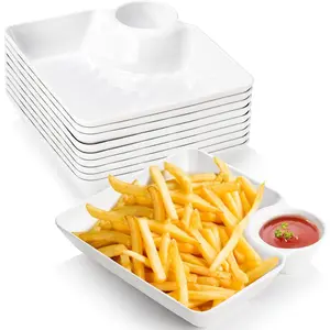 10 count Chips and Dip Plates, Plastic Serving Platter Set Dumpling Plate with Dipping , White Divided Snack Serving Dishes for Appetizer, Sushi, Taco Salsa, Charcuterie,