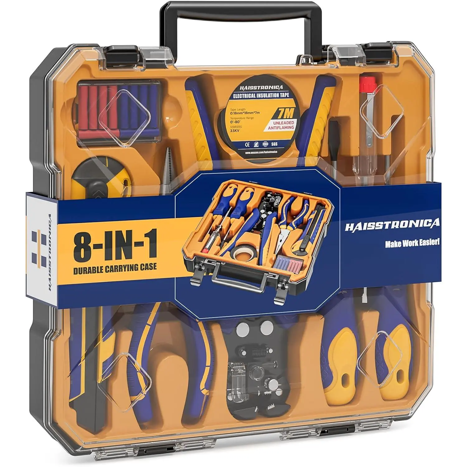 8-in-1 Self-Adjusting Wire Stripper Hand Tool Set - Flat Head Screwdriver, Needle Nose Pliers, Voltage Detector Pen, Knife, Insulating Tape, Corrosion-Resist. Wire Connectors, Heat-Treated Plating for DIY, Everyday Projects, Easy Organization