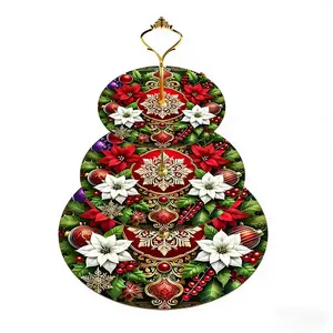 DIY Wooden Three-Layer Nutcracker Cake Stand Dessert Rack with Festive Poinsettia Design for Living Room Home Decoration Tray