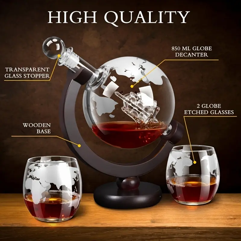 Men's Whiskey Decanter Set - Etched World Ball Design - Capacity 28oz/850ml, with Wooden Stand And 2350ml/11.84oz Glass - Men's Gift