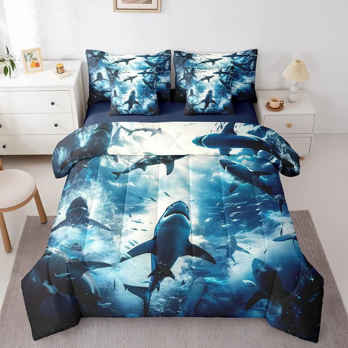 Shark Bedding Sets,3D Shark Comforter Set,Underwater Sea Animals(Comforter+Fitted+Flat Sheet+2 Pillowcases+2 Throw Pillow Covers) 7 Pieces Bed Set,Deep Sea Landscape Decor