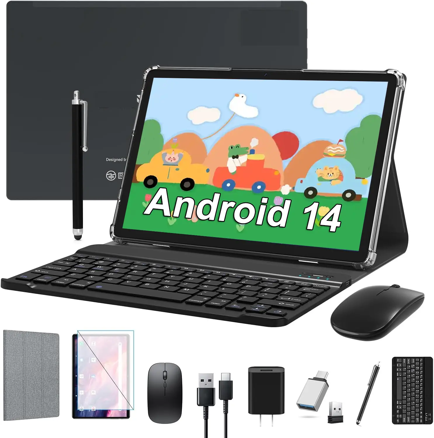 Kids Tablet Android 14 Tablet 2025 Latest Tablets Parental Control, 10 inch Tablet (4+4)GB RAM 64GB ROM 1TB Expand, 2 in 1 Tablet with Keyboard, Case, Stylus, Octa-Core Tablet PC, WiFi 6, Bluetooth, Dual Camera,7000mAh Battery