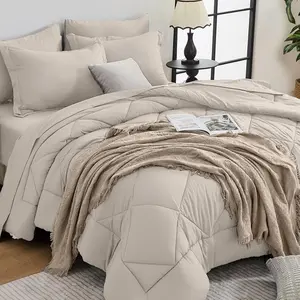 Beige Tan Cali-King Bedding Set - 7-Piece Set with Comforter, Flat Sheet, Fitted Sheet, Pillowcases, Pillow Shams, All Seasons, Baffle Box Construction, Durable, Machine Washable