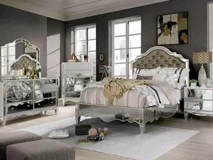 FOA7890-3PC 3 pc set Eliora silver fnish mirrored panels leatherette tufted headboard queen bedroom set