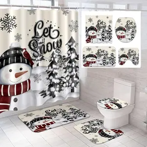 4 Pcs Christmas Snowman Shower Curtain Sets with Non Slip Rugs Toilet Lid Cover Bath Mat and 12 Hooks Let It Snow Winter Snowman Bathroom Decor Snowflake Shower Curtain(Black)